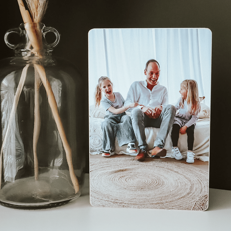 Foto op hout staand; Papa met kinderen; Fotocadeau