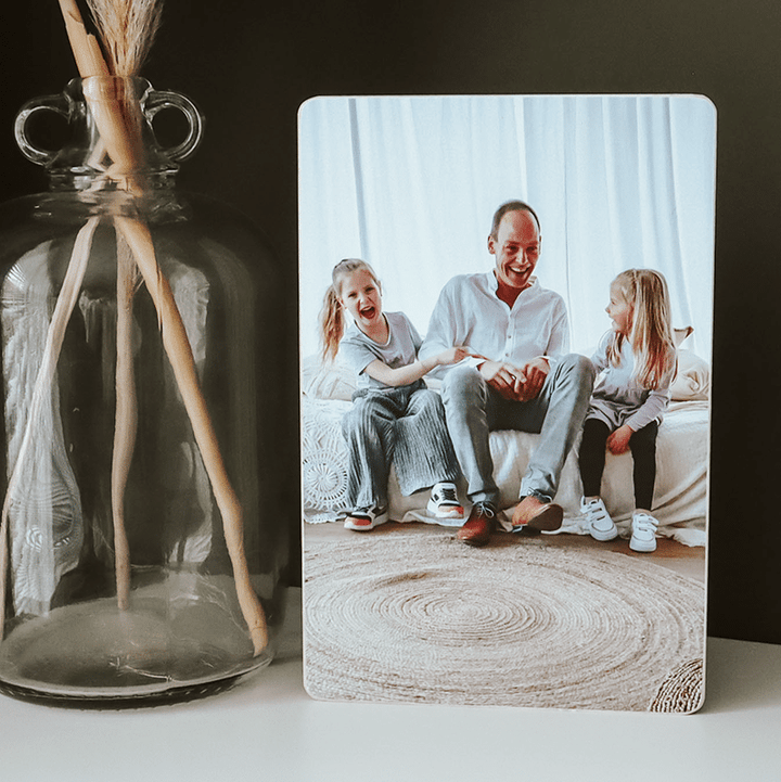 Foto op hout staand; Papa met kinderen; Fotocadeau