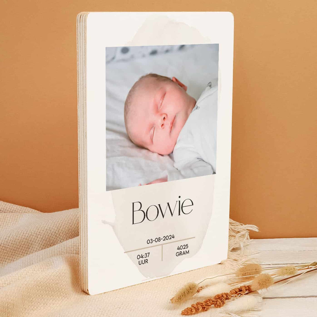 Geboorte poster op hout met foto sand naturel unisex jongen meisje; foto op houten blok; foto cadeau geboorte; kraamcadeau met foto en geboortegegevens